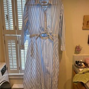 LOFT Light Blue and White Striped Midi Tie-Waist Dress